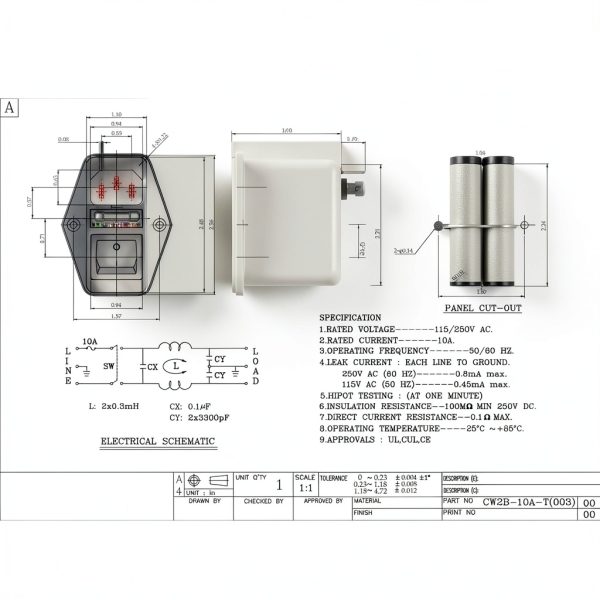 Noise Suppressor Power EMI Filter JIN RONG CW2B-10A-T 115/250V 10A-5